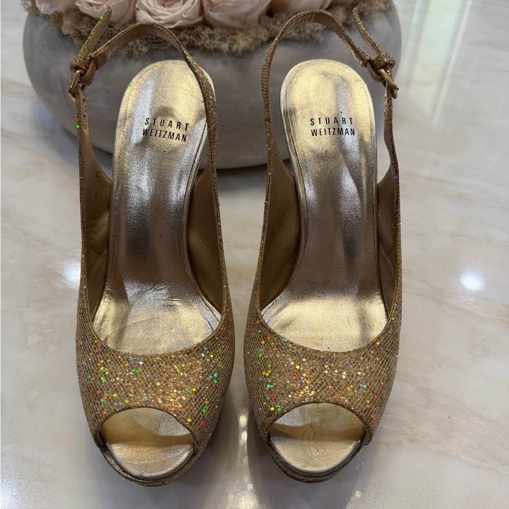 Stuart Weitzman Glittering Gold Slingback Heels